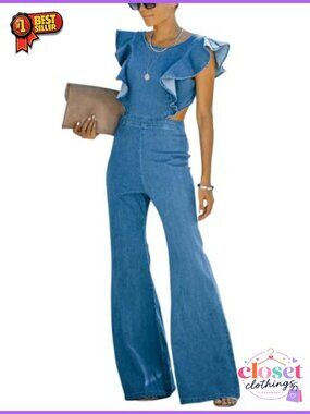 Women's Flared Denim Jumpsuit Backless Stretch Ruffle Sleeve